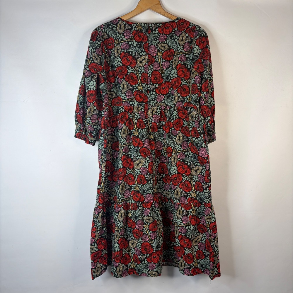 Joanie Midi Dress Women 10 Black Red Floral Key Print Square Neck Puff Sleeve - Picture 9 of 9